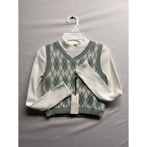 Cupcakes & Cashmere Sweater Vest Turtleneck Girls 7/8 Green Argyle Long Sleeves